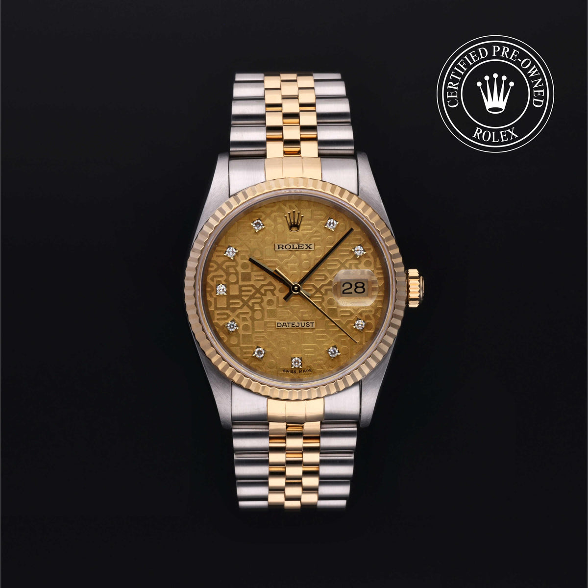 Rolex Datejust 36 16233, Yellow Rolesor, Champagne-Colour Jubilee 10 Diamonds dial, front view