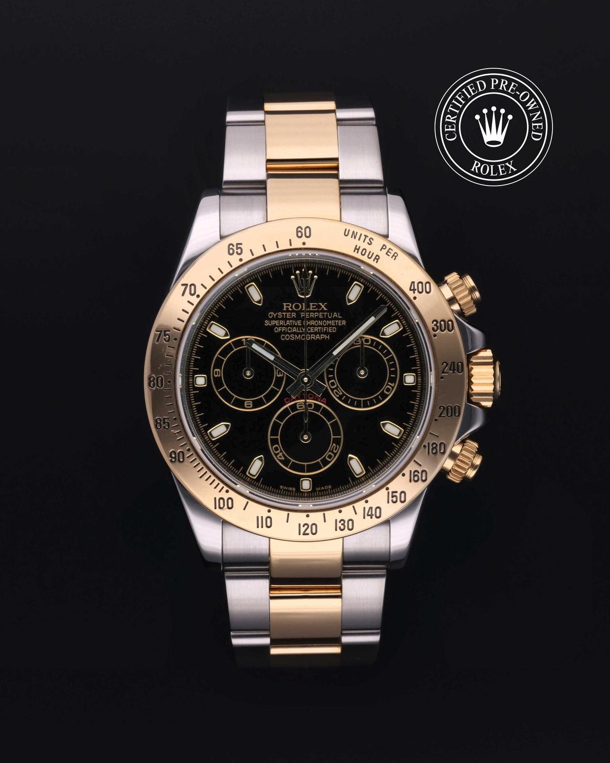 Rolex Cosmograph Daytona 116523, Yellow Rolesor, Black dial, front view