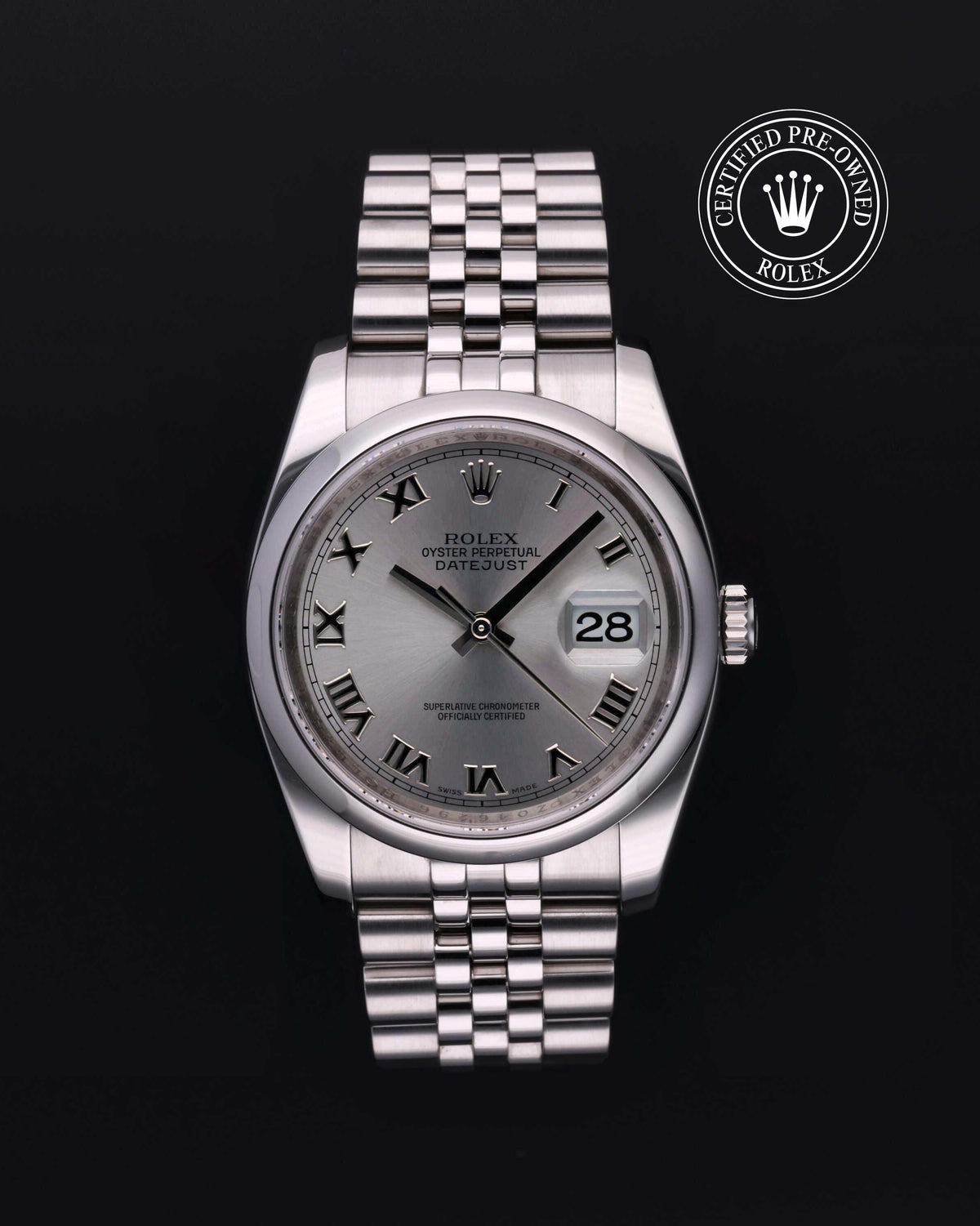 Rolex Datejust 36 116200, Oystersteel, Rhodium Roman Numerals dial, front view