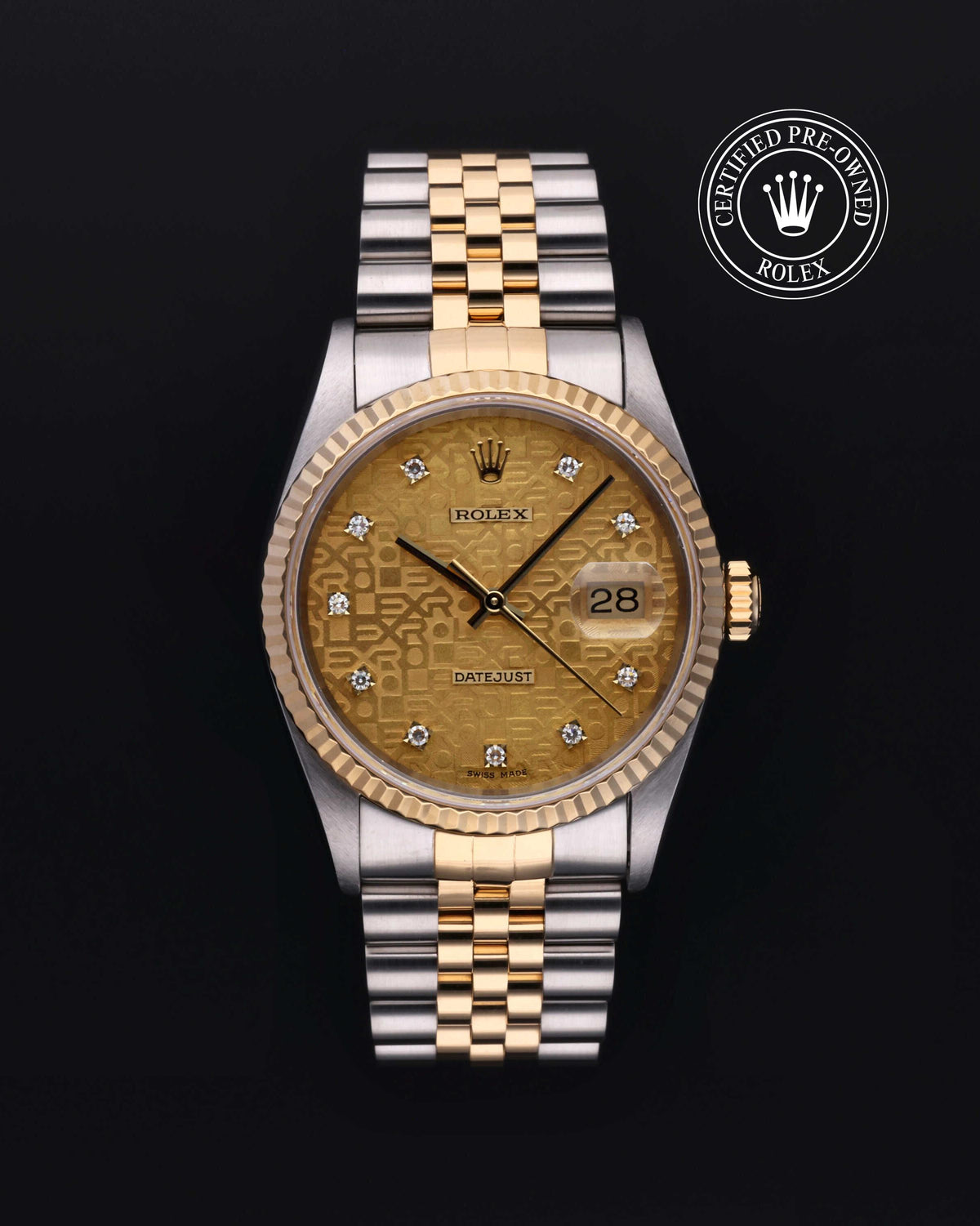 Rolex Datejust 36 16233, Yellow Rolesor, Champagne-Colour Jubilee 10 Diamonds dial, front view