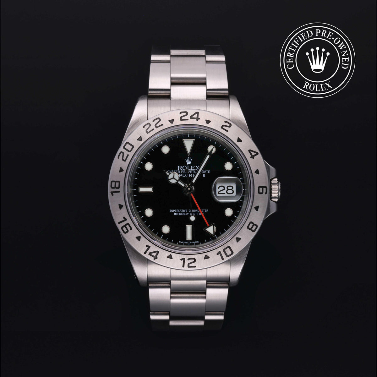 Rolex Explorer II 16570, Oystersteel, Black dial, front view