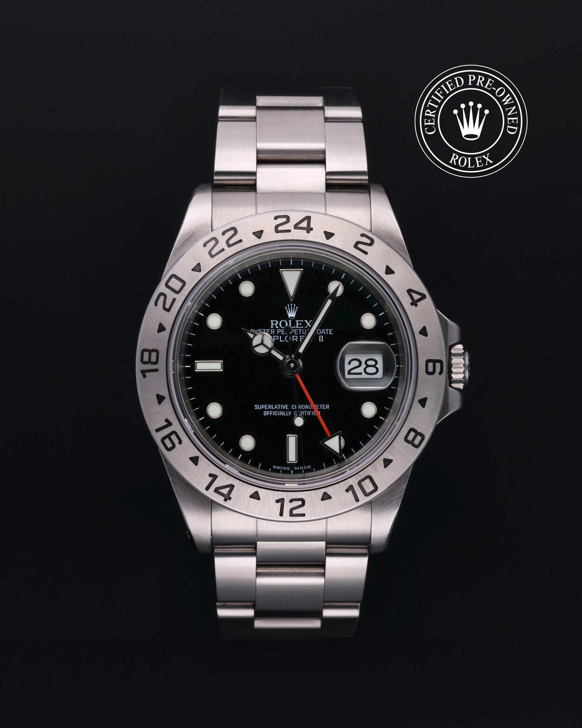 Rolex Explorer II 16570, Oystersteel, Black dial, front view