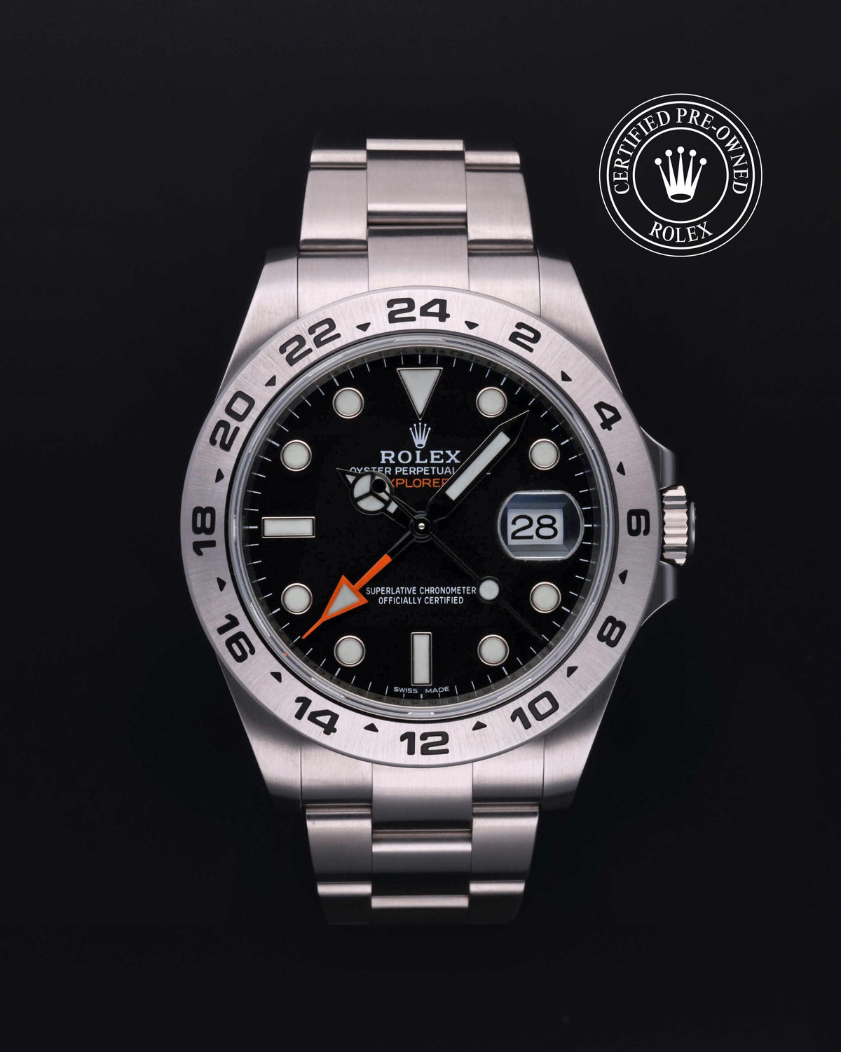 Rolex Explorer II 216570, Oystersteel, Black dial, front view