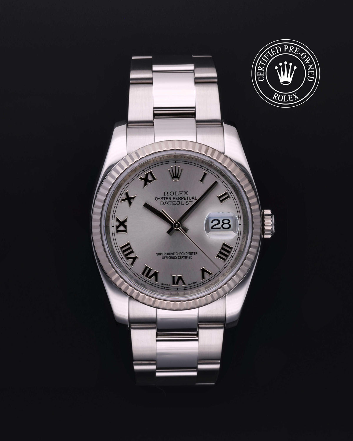 Rolex Datejust 36 116234, White Rolesor, Rhodium Roman Numerals dial, front view